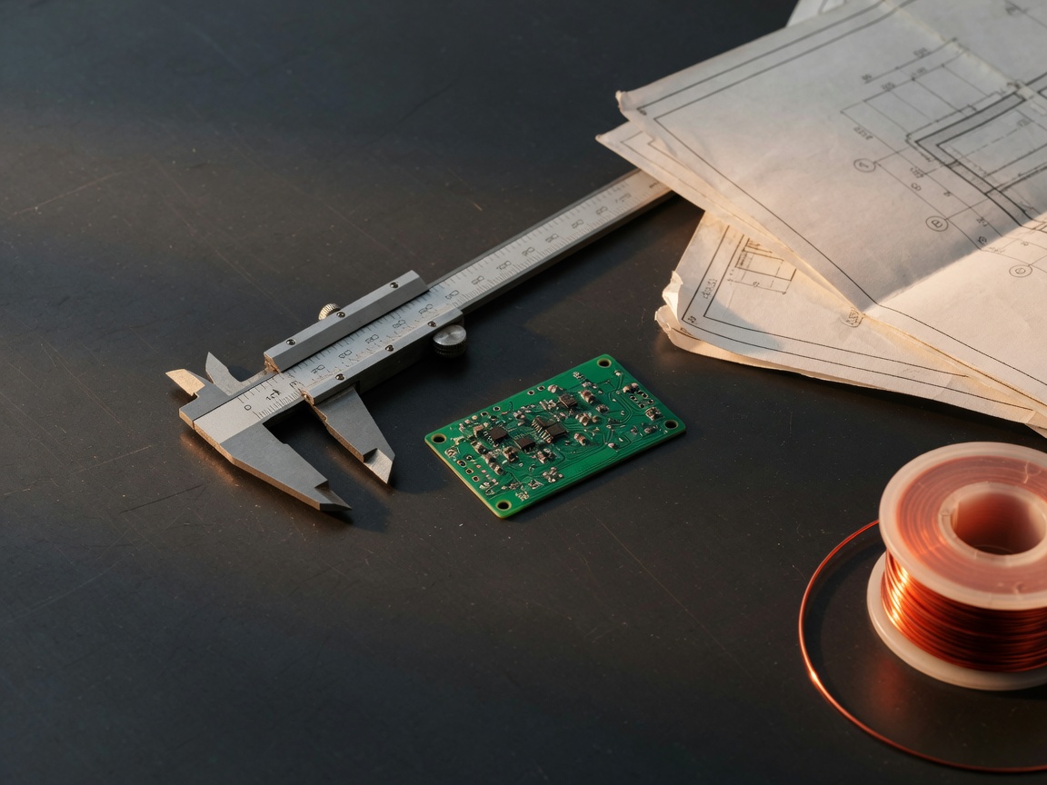 Calipers, circuit board, copper wire, and a folded blueprint on a steel bench