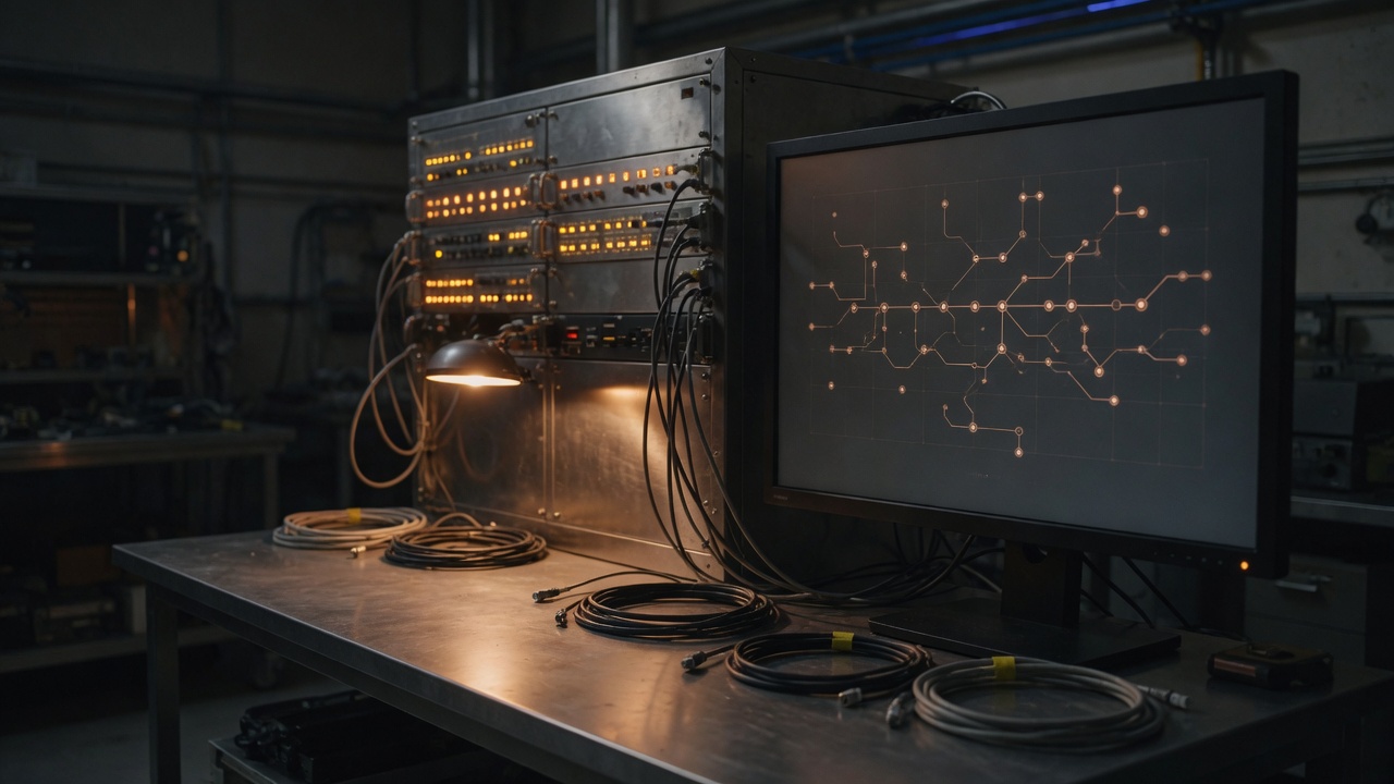 Workshop bench with instrument racks, coiled cable, and a network topology on a monitor
